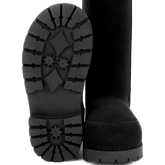 Faux Suede Platform Fuzzy Snow Round Toe Hippy Boots Slip On Knee High Black - Picture 4 of 6